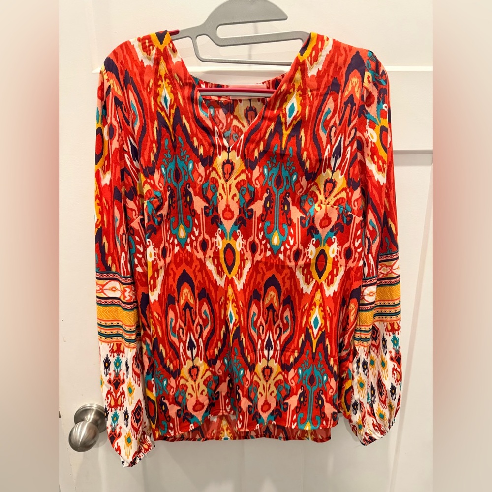 Belle Boho Ethnically Ikat Print V-Neck Blouse Women’s Size S